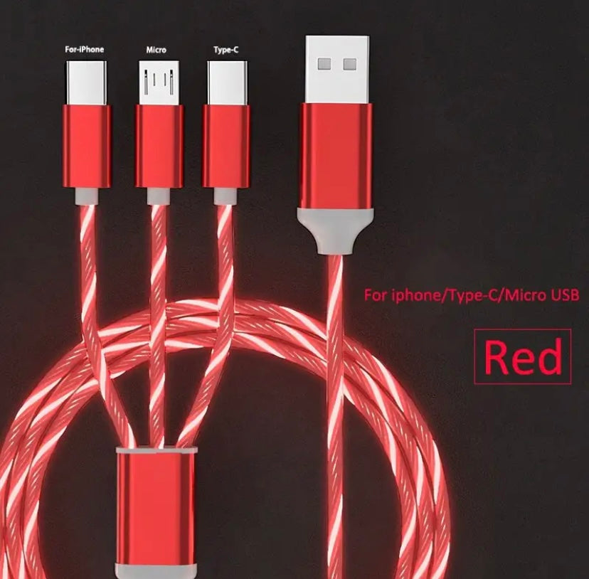 3 in 1 Glowing LED Light 3A Fast Charging Micro USB Type C Cable For iPhone Samsung Xiaomi Redmi Phone Charger USB Cable