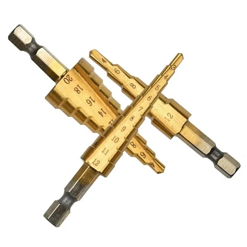 Hexagonal Shank Straight Slot Titanium Plated Step Drill Bit 3-12/4-12/4-20 Tower Drill Bit Gold Center Punch Position Tool Set