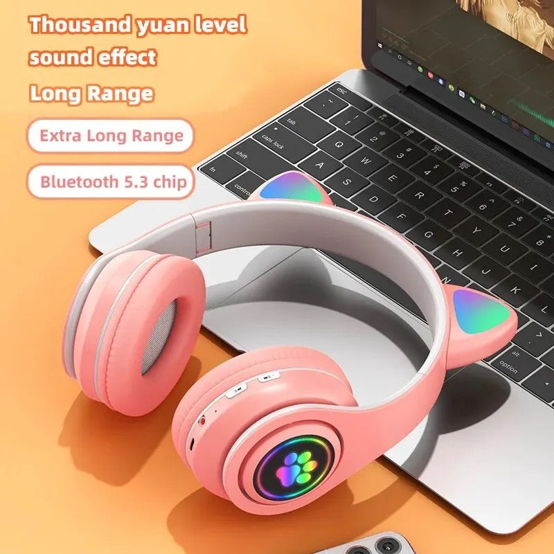 P91H Cute Cat Ears BT Wireless Headphone Com Mic E Flash Light