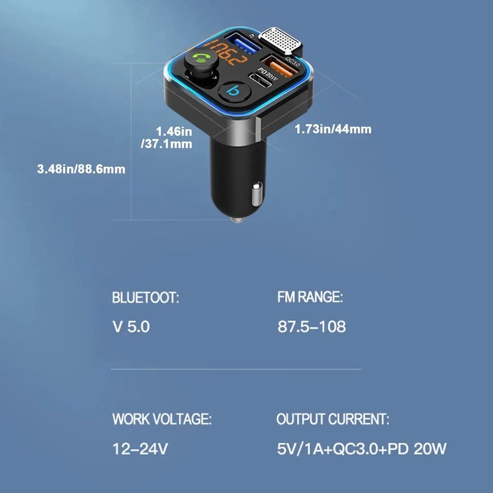 P5 Car Hands-free Bluetooth 5.0 FM Transmitter Car Kit MP3 QC3.0 18W 2 USB Type-C