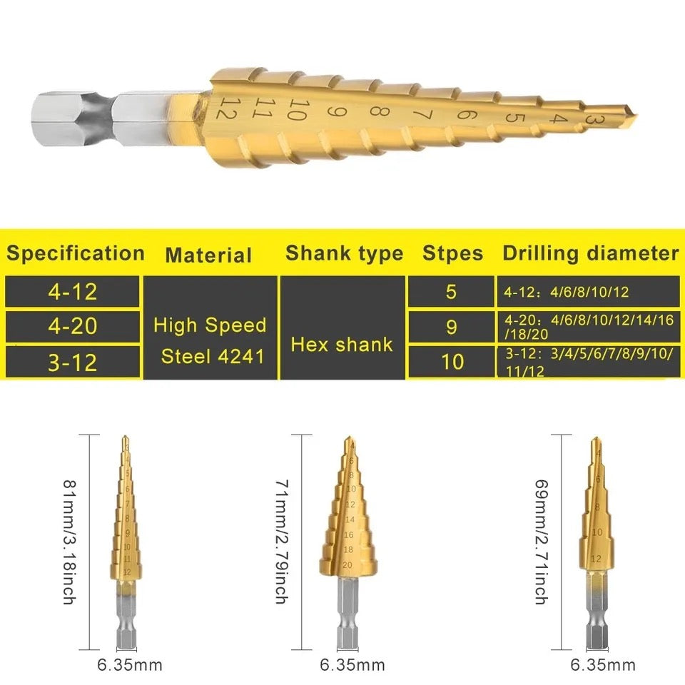 3pcs 3-12mm 4 -12mm 4-20mm HSS Step Drill Bit Set