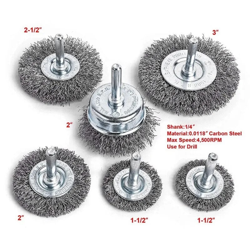 6Pcs 1/4 Inch Cleaning Rust Metal Drill Brush Set