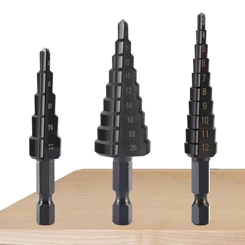 3pcs Hss Nitride Coated Step Drill Bits with 1/4 Hex Shank 4-12mm 3-12mm 4-20mm