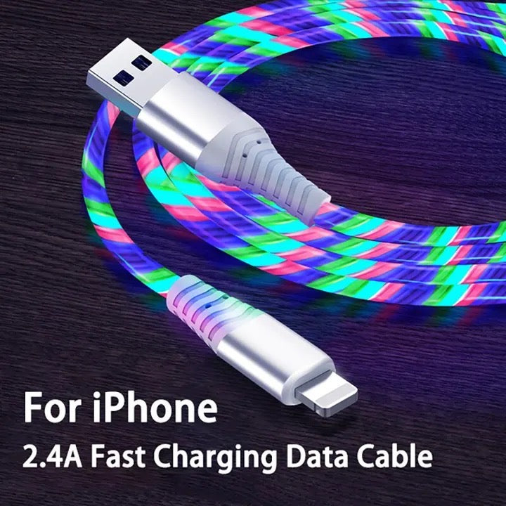 1m 2.4A Fast Charging Flow Luminous Data Cable For iPhone 14 13 12 Pro Max 11 XR XS 8 7 6 Phone Charger USB Cable