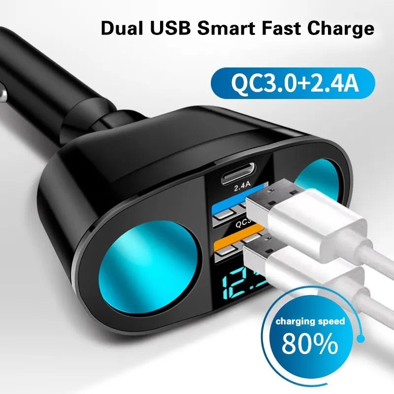 Dual-port Car Charger Adapter 2 USB Type-C Digital Display CH10QC
