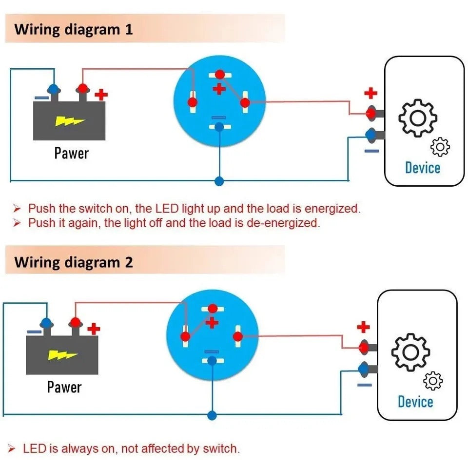 2Pcs DC 12V/24V Metal Latching Push Button Switch, 4 Pin Car RV Truck Boat SPDT ON/OFF Switch, Waterproof Self-Locking Round