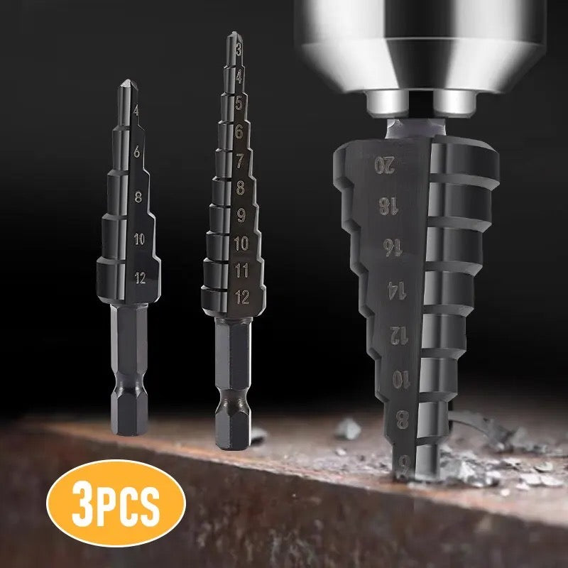 3pcs Hss Nitride Coated Step Drill Bits with 1/4 Hex Shank 4-12mm 3-12mm 4-20mm