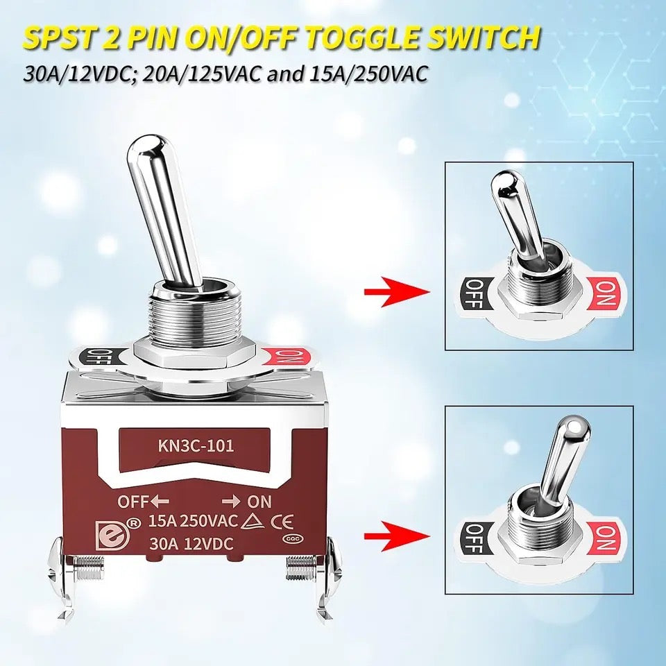2Pcs Waterproof Toggle Switch 12V DC 30A Heavy Duty 250V AC 15A SPST 2 Pin ON Off Switch with Weatherproof Boot Cover