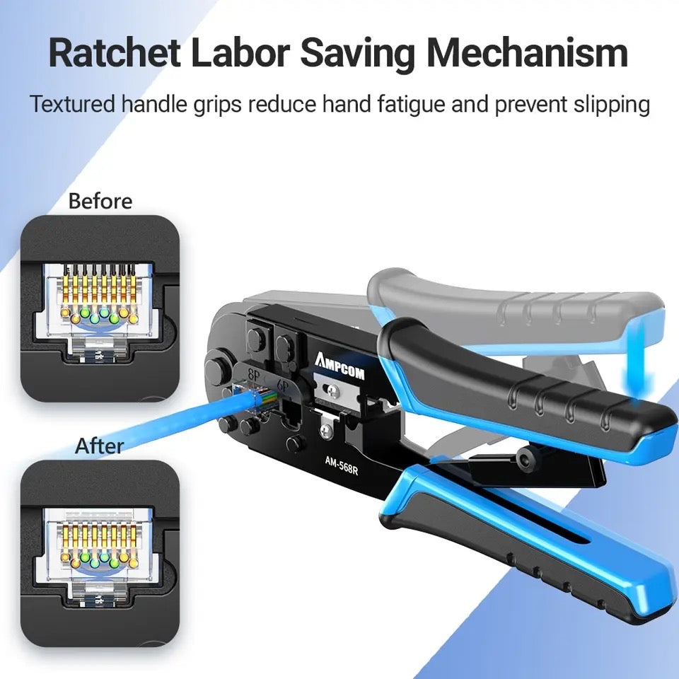 AMPCOM RJ45 Crimper RJ11 RJ45 Crimping Tool Ethernet Network LAN Cable Crimper Cutter Stripper Plier for 6P 8P RJ11 RJ12 RJ45