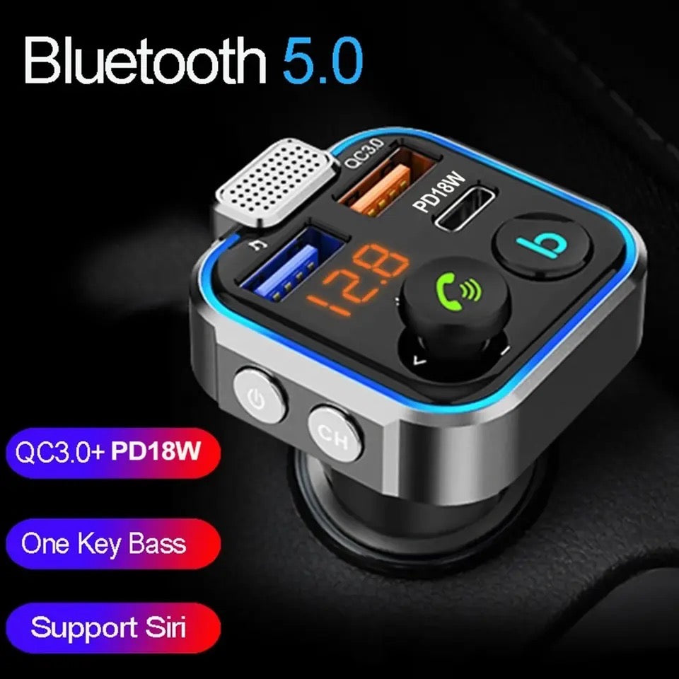 P5 Car Hands-free Bluetooth 5.0 FM Transmitter Car Kit MP3 QC3.0 18W 2 USB Type-C