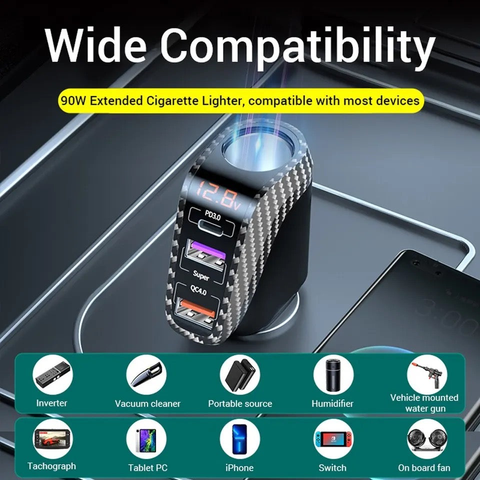 USB Car Charger With 90W Cigarette Lighter Expansion Port PD SCP FCP Quick Charge For iPhone Samsung Huawei