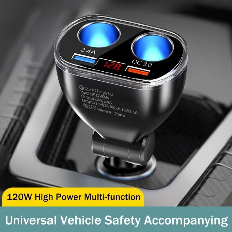 12V/24V 66W Car Charger Splitter Adapter Multi Power Outlet LED Voltage Display Dual USB Port QC3.0