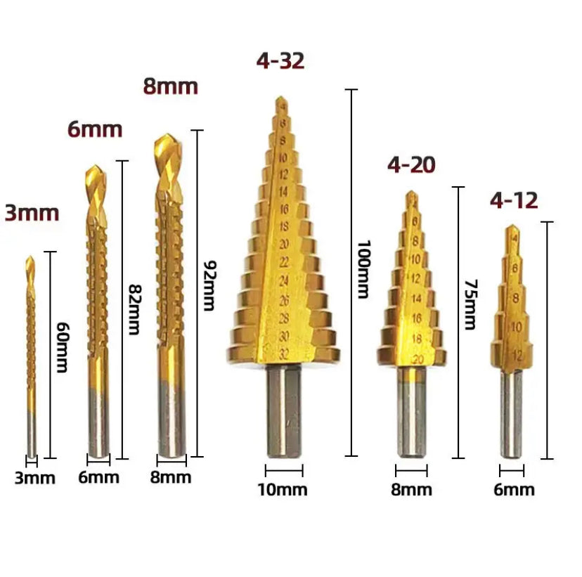 3pcs step drill bits 4-12/4-20/4-32mm and 3pcs sawtooth brill bits 3/6/8mm