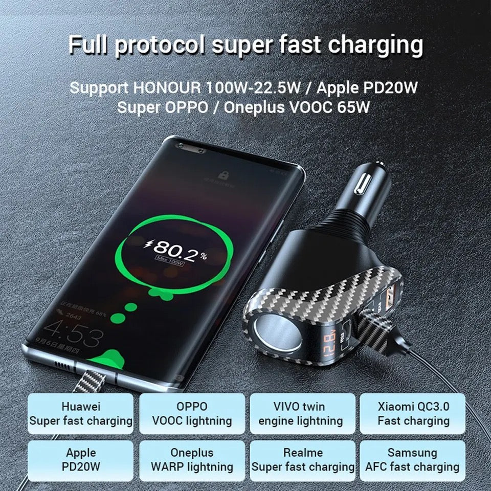 USB Car Charger With 90W Cigarette Lighter Expansion Port PD SCP FCP Quick Charge For iPhone Samsung Huawei