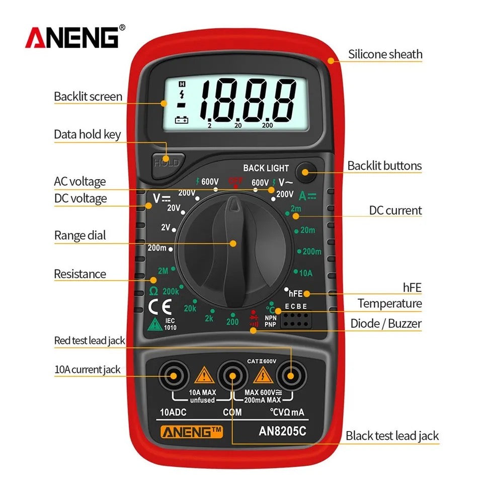 ANENG AN8205C Digital Multimeter AC/DC Ammeter Volt Ohm With Thermocouple LCD Backlight
