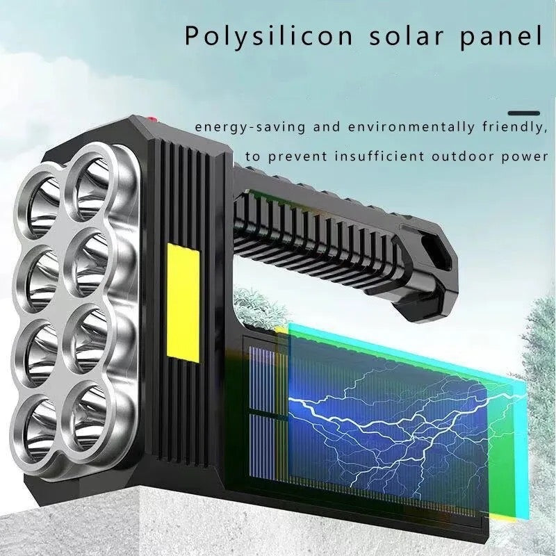 8LED Rechargeable Flashlight Solar Powered with COB Sidelight 4Mode Portable For Outdoor Car