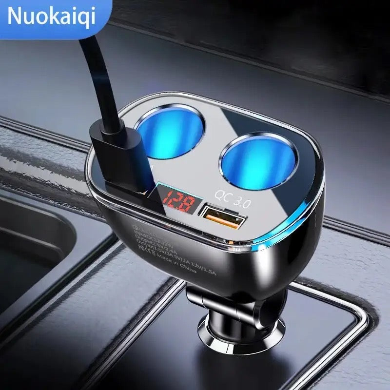 12V/24V 66W Car Charger Splitter Adapter Multi Power Outlet LED Voltage Display Dual USB Port QC3.0