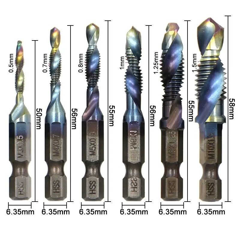 6pcs M3-M10 Screw Tap Drill Bits Set Hss Metric High Speed Steel 1/4