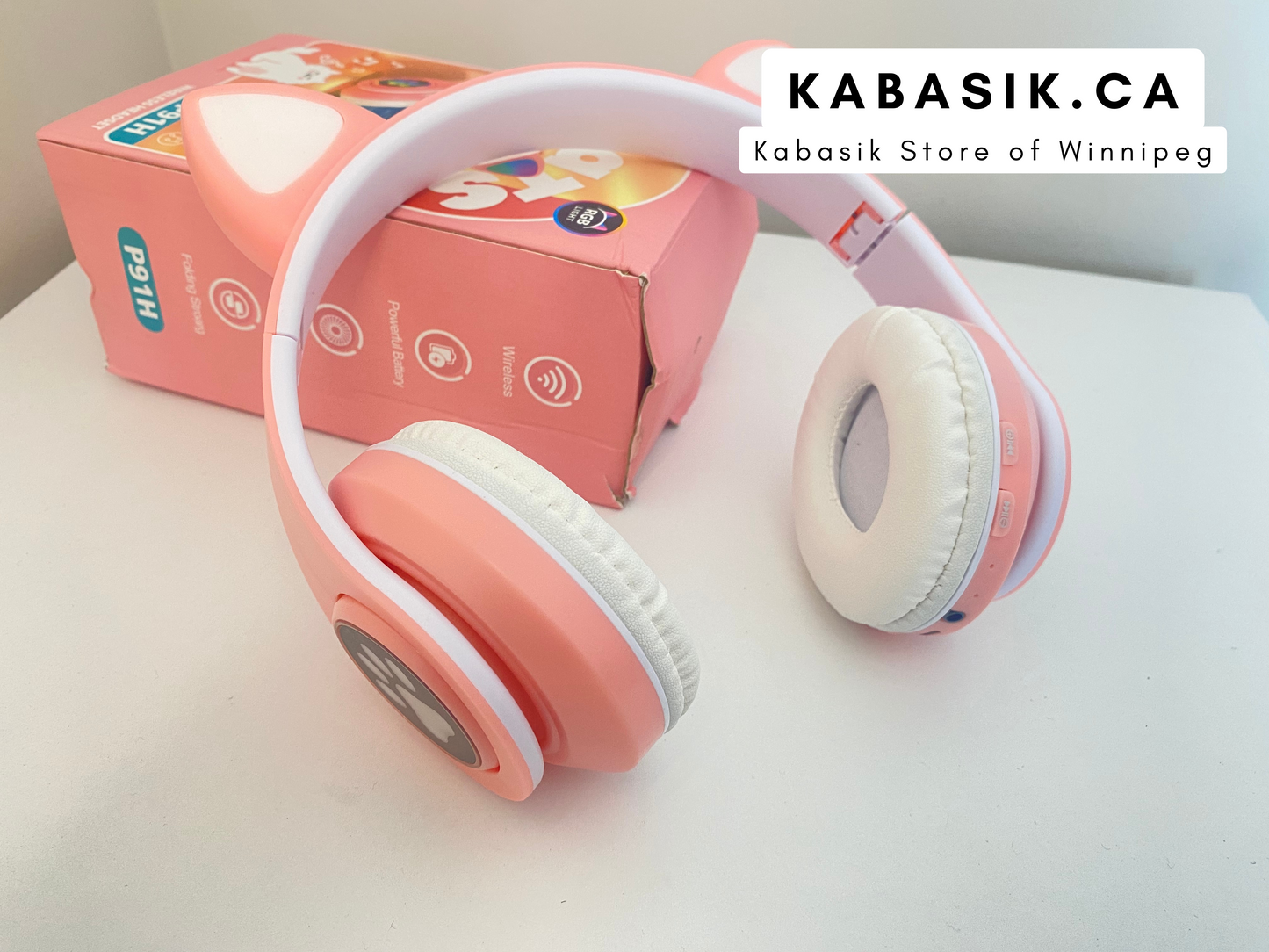 P91H Cute Cat Ears BT Wireless Headphone Com Mic E Flash Light