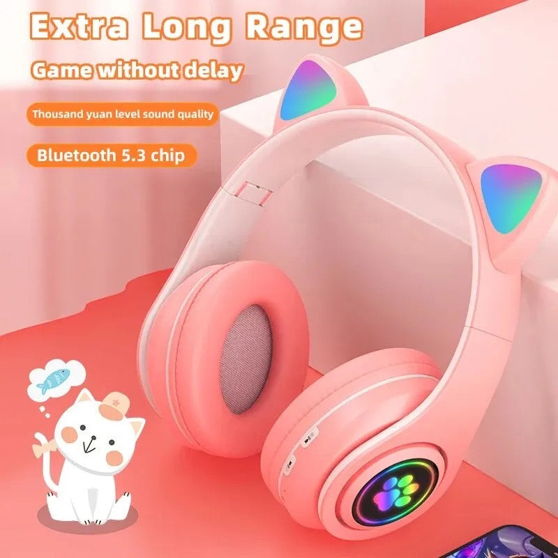 P91H Cute Cat Ears BT Wireless Headphone Com Mic E Flash Light