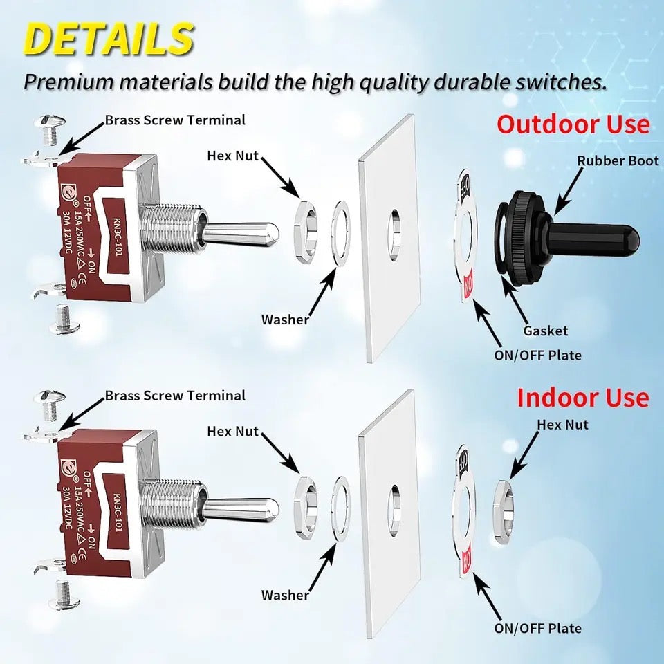 2Pcs Waterproof Toggle Switch 12V DC 30A Heavy Duty 250V AC 15A SPST 2 Pin ON Off Switch with Weatherproof Boot Cover