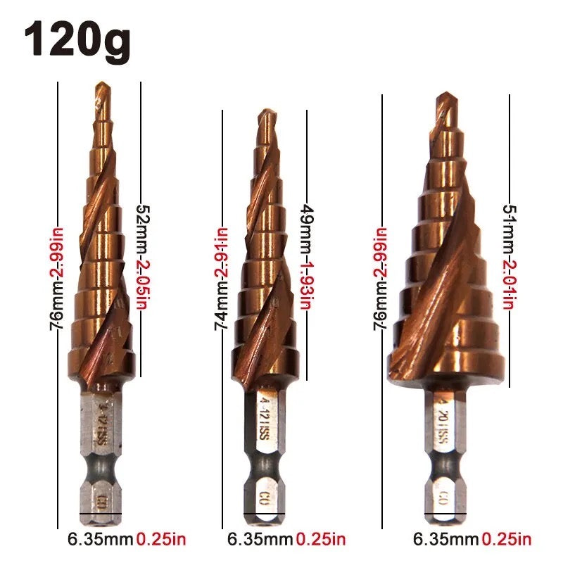 3pcs Cobalt Contains Step Drill Set Hexagonal 3-12mm 4-12mm 4-20mm
