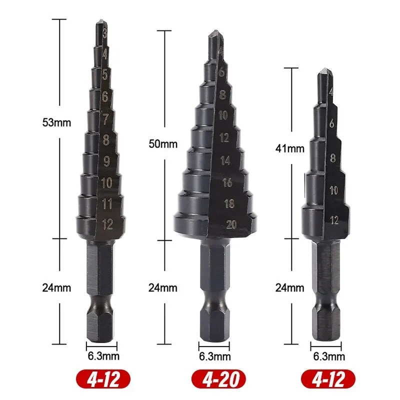 3pcs Hss Nitride Coated Step Drill Bits with 1/4 Hex Shank 4-12mm 3-12mm 4-20mm