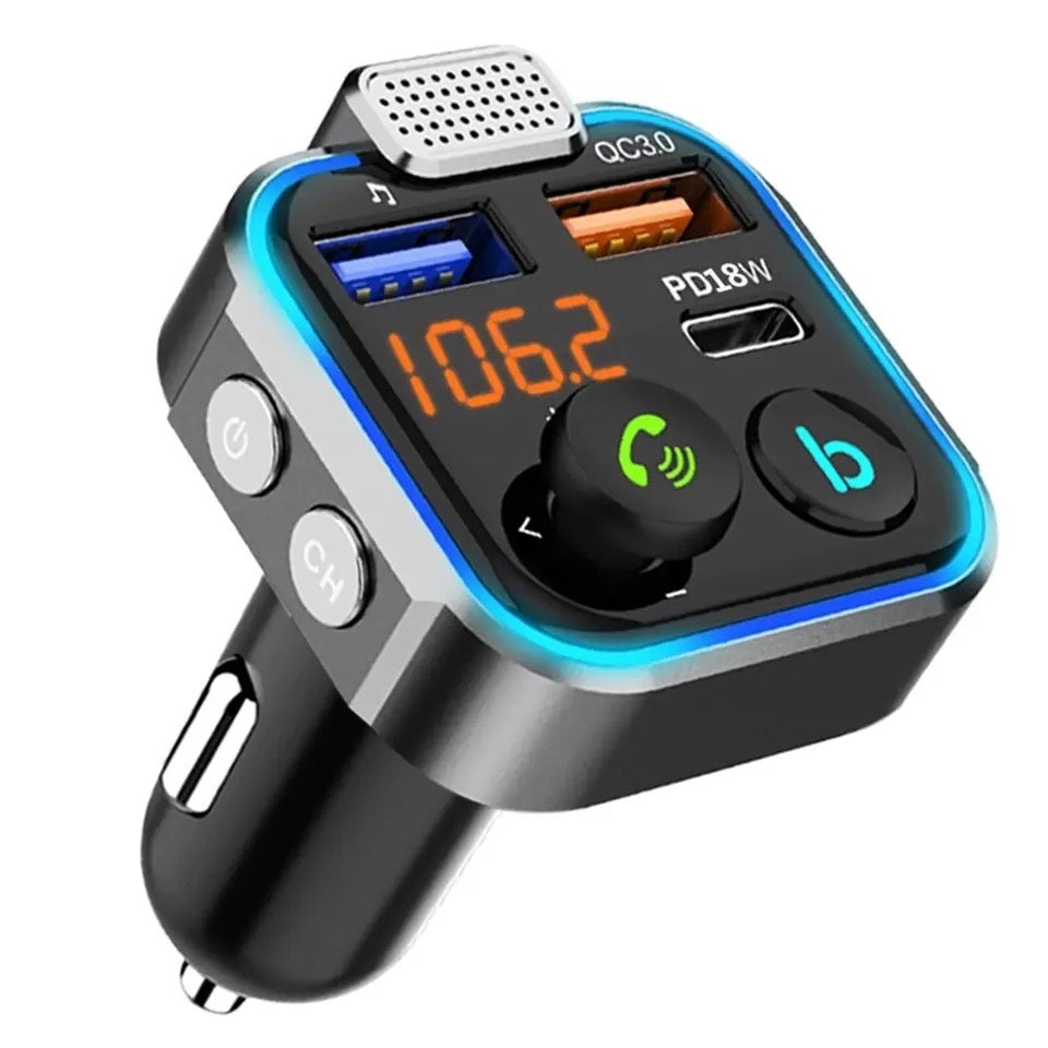 P5 Car Hands-free Bluetooth 5.0 FM Transmitter Car Kit MP3 QC3.0 18W 2 USB Type-C