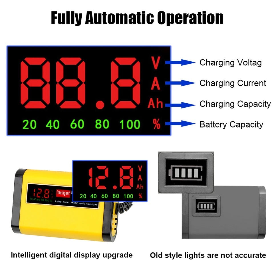 Full Automatic Car Battery Charger Digital LCD Display 2A Lead Acid AGM GEL