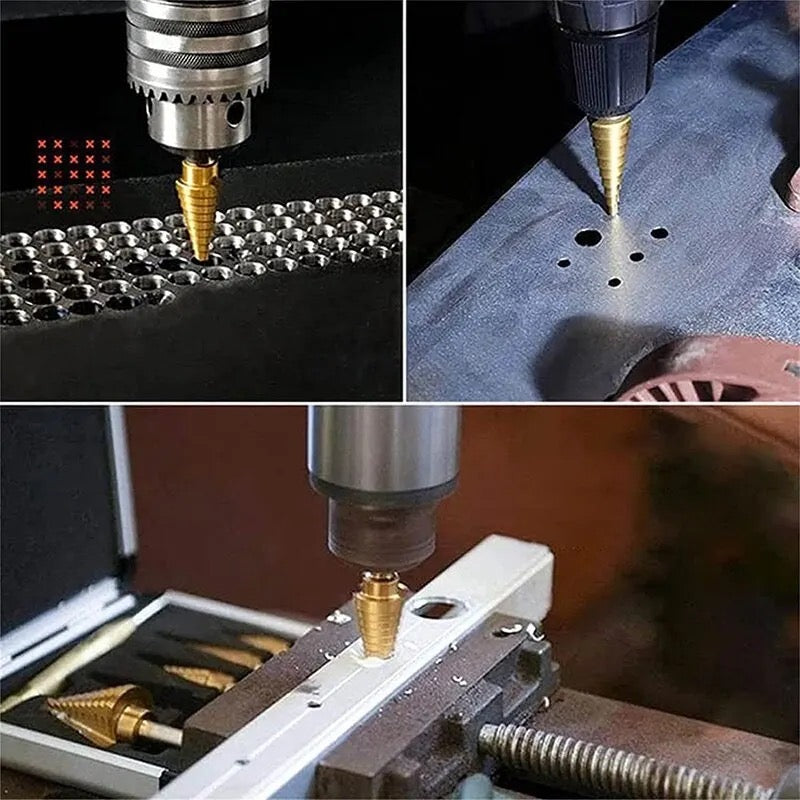 3pcs step drill bits 4-12/4-20/4-32mm and 3pcs sawtooth brill bits 3/6/8mm