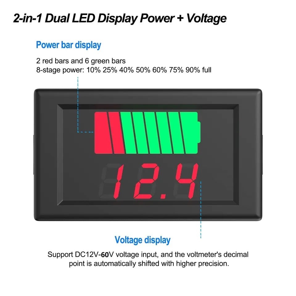 12V 24V 36V 48V 60V Car Battery Charge Level Indicator Lithium Battery Capacity Meter Tester Display LED Tester Voltmeter