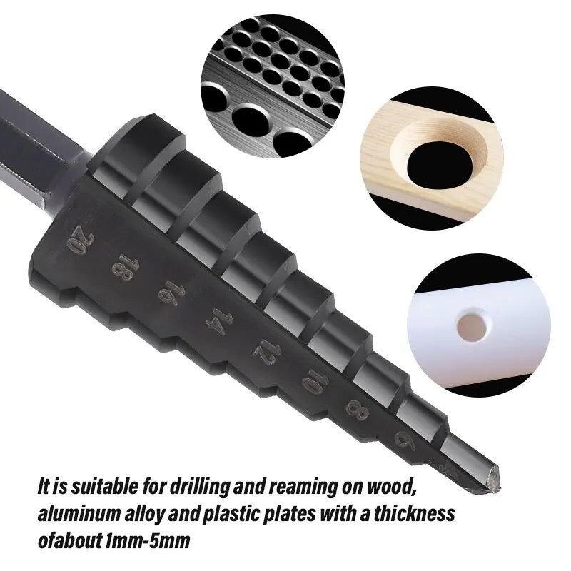 3pcs Hss Nitride Coated Step Drill Bits with 1/4 Hex Shank 4-12mm 3-12mm 4-20mm