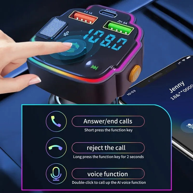 Q8 Car FM Transmitter Bluetooth Hands-free MP3 Player PD 3.1A Quick Charger Atmosphere Light Car