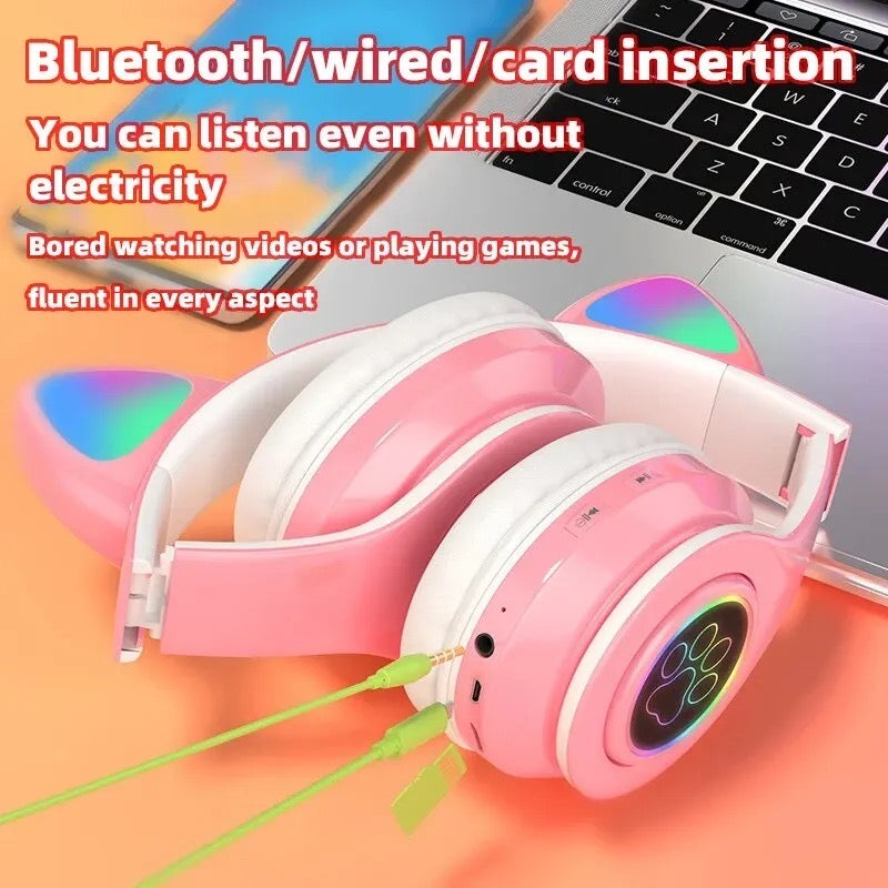 P91H Cute Cat Ears BT Wireless Headphone Com Mic E Flash Light