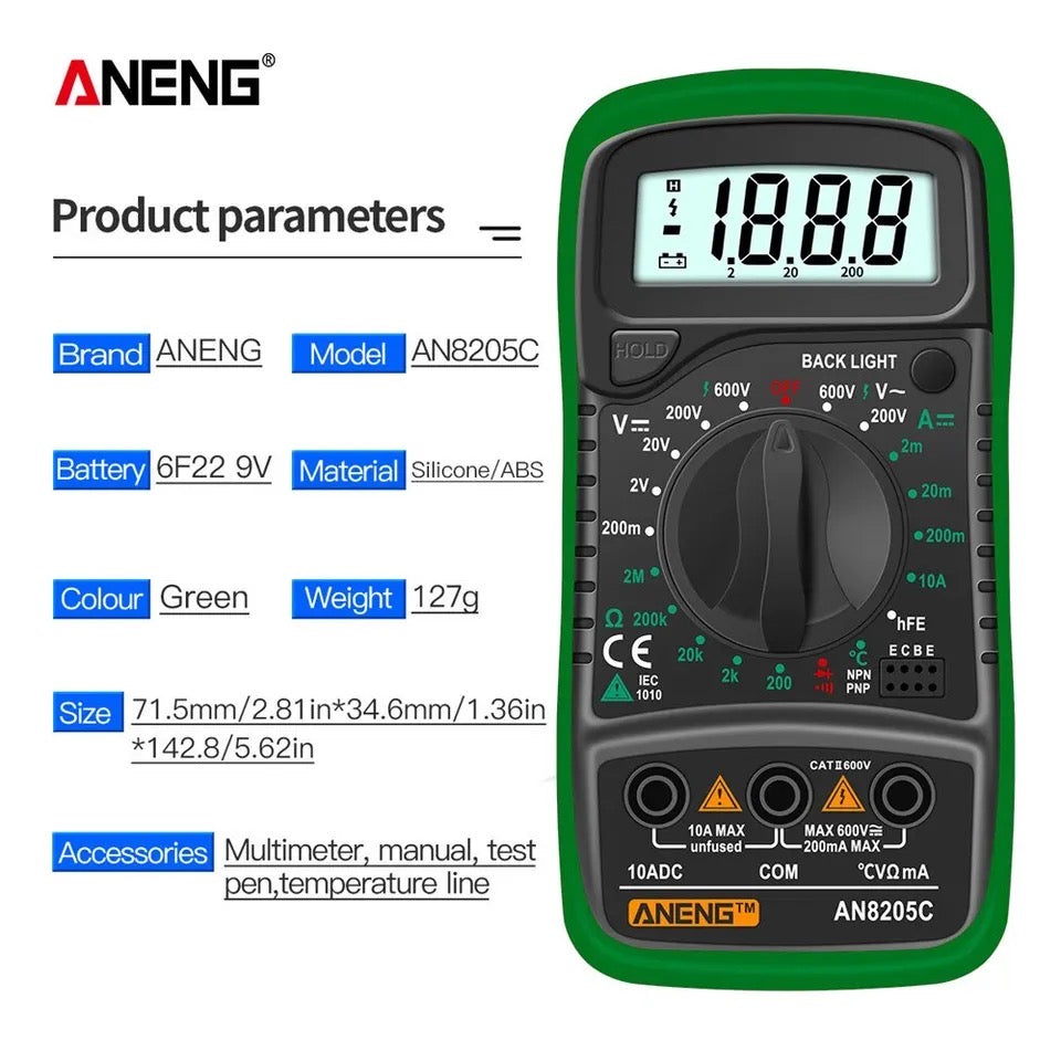 ANENG AN8205C Digital Multimeter AC/DC Ammeter Volt Ohm With Thermocouple LCD Backlight