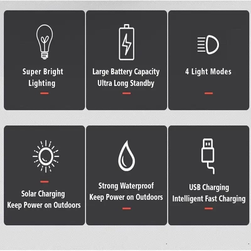 8LED Rechargeable Flashlight Solar Powered with COB Sidelight 4Mode Portable For Outdoor Car