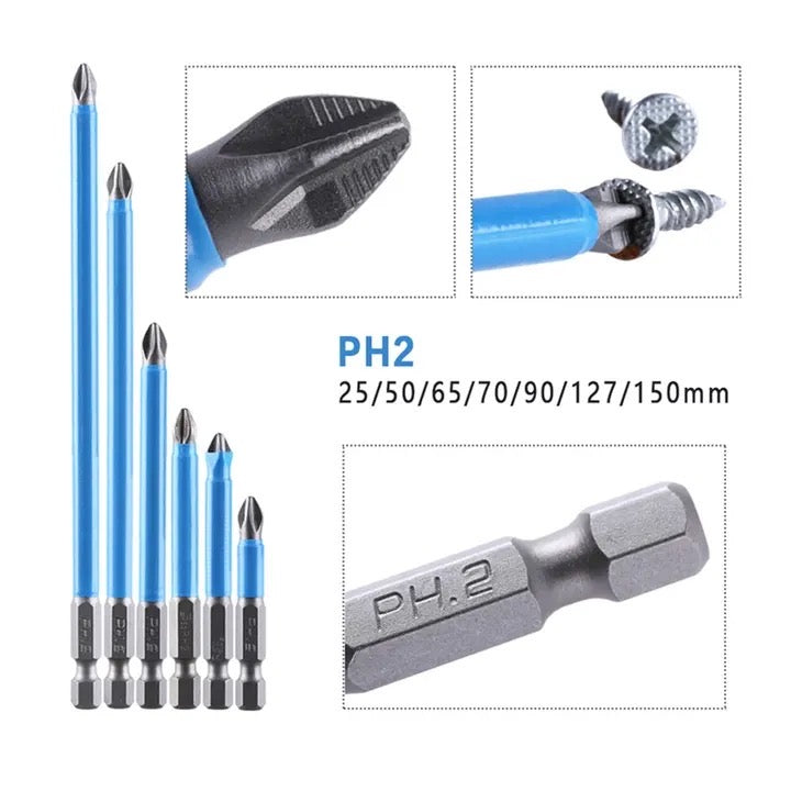 6pcs 50mm-150mm PH2 Phillips Head Screwdriver Drill Bits Set Hex Shank Magnetic Non Slip