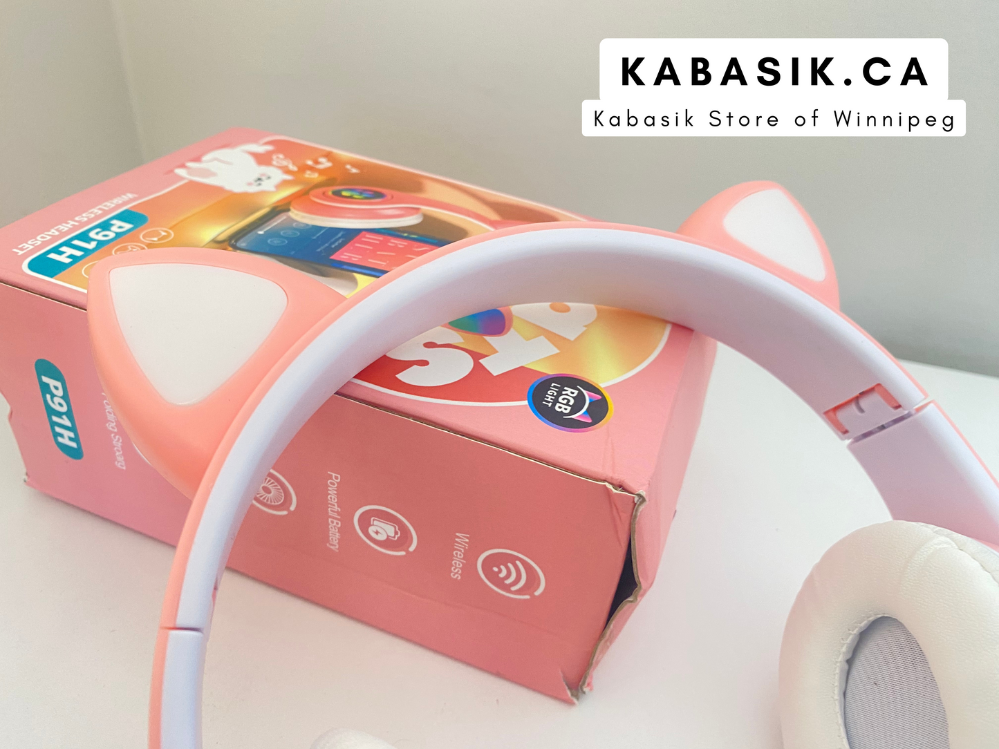 P91H Cute Cat Ears BT Wireless Headphone Com Mic E Flash Light