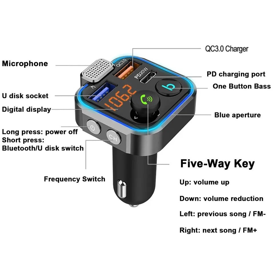 P5 Car Hands-free Bluetooth 5.0 FM Transmitter Car Kit MP3 QC3.0 18W 2 USB Type-C