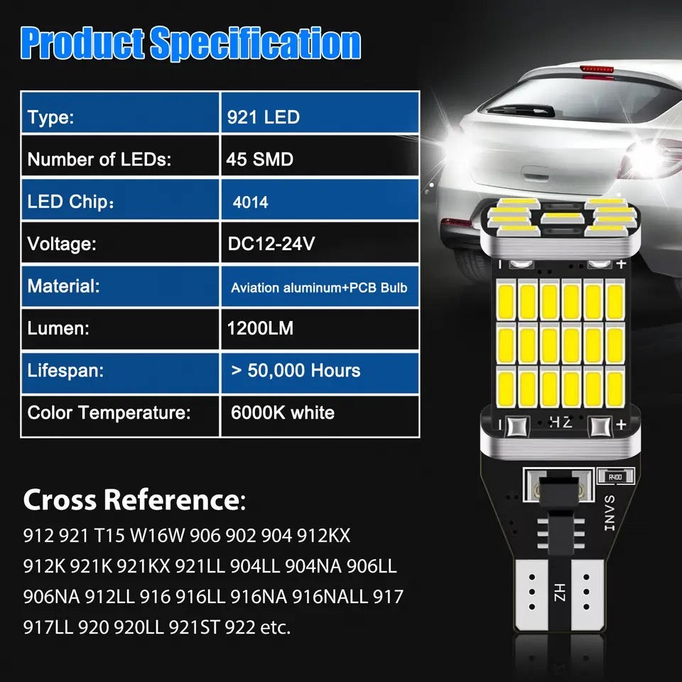 2pcs/set Signal Lamp T15 Led Super Bright W16W Led Bulbs 912 921 For Reverse Lamp Backup Parking Light 12V White