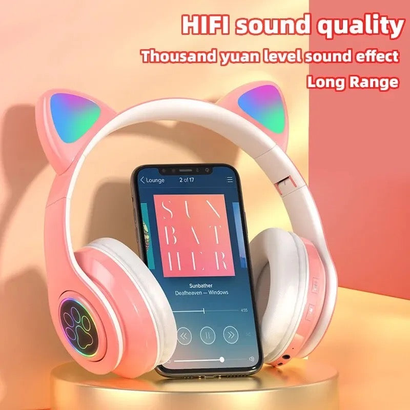 P91H Cute Cat Ears BT Wireless Headphone Com Mic E Flash Light