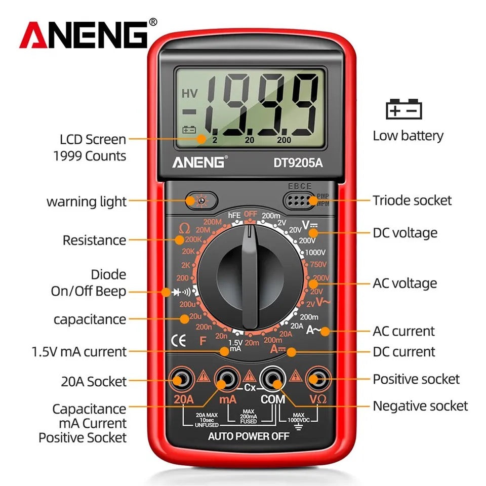 ANENG DT9205A 1999 Counts Digital Multimeter AC/DC Voltage Current Tester Electrical Test Meter