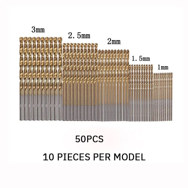50pcs Titanium Plated Drill Bits Set 1mm to 3mm